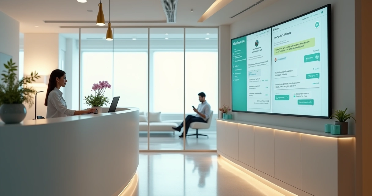 Recepcionista observa painel de agendamentos automatizados em clínica odontológica moderna 