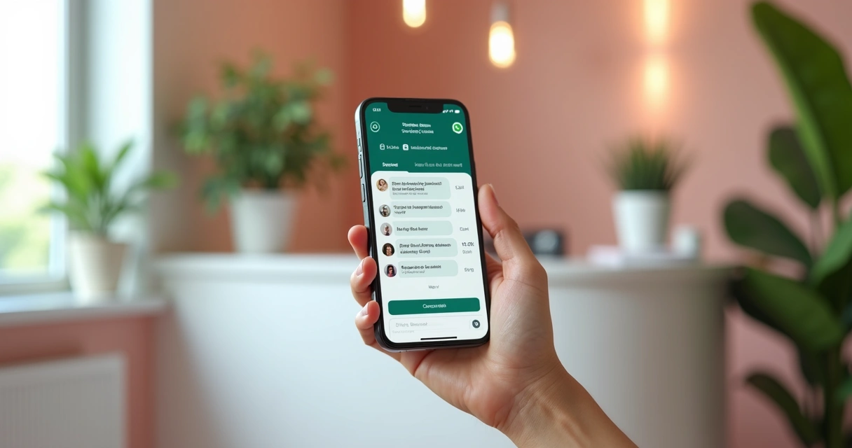 Smartphone exibindo chatbot de agendamento ativado no WhatsApp com interface moderna e mensagens automáticas de confirmação para clínica de estética