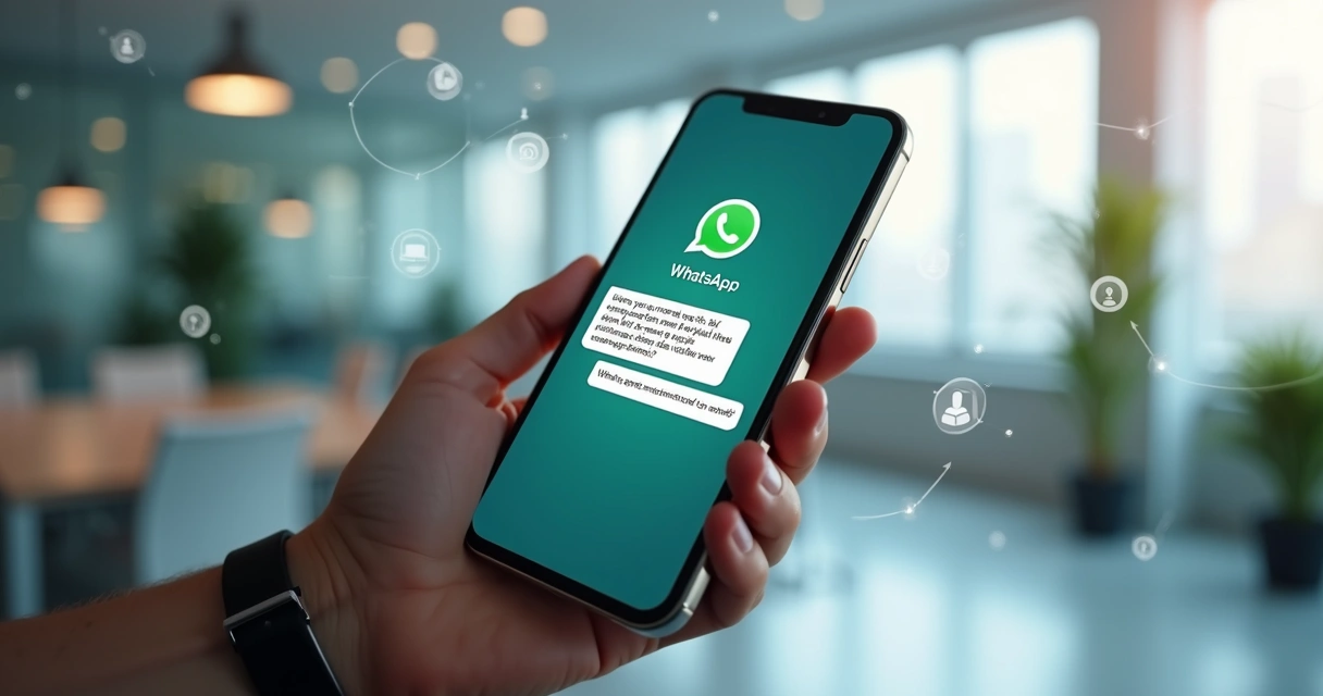 Interface realista de um chatbot AI respondendo mensagens no WhatsApp em um smartphone. 