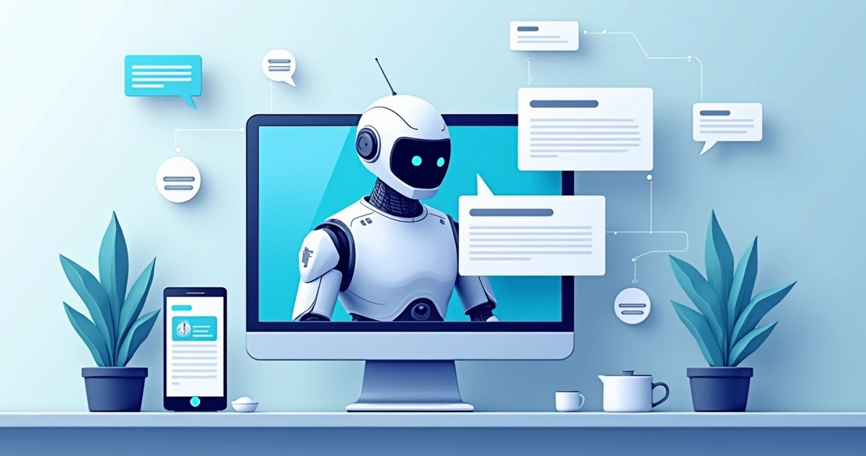 Ilustração de chatbot com interface empresarial multitarefas 