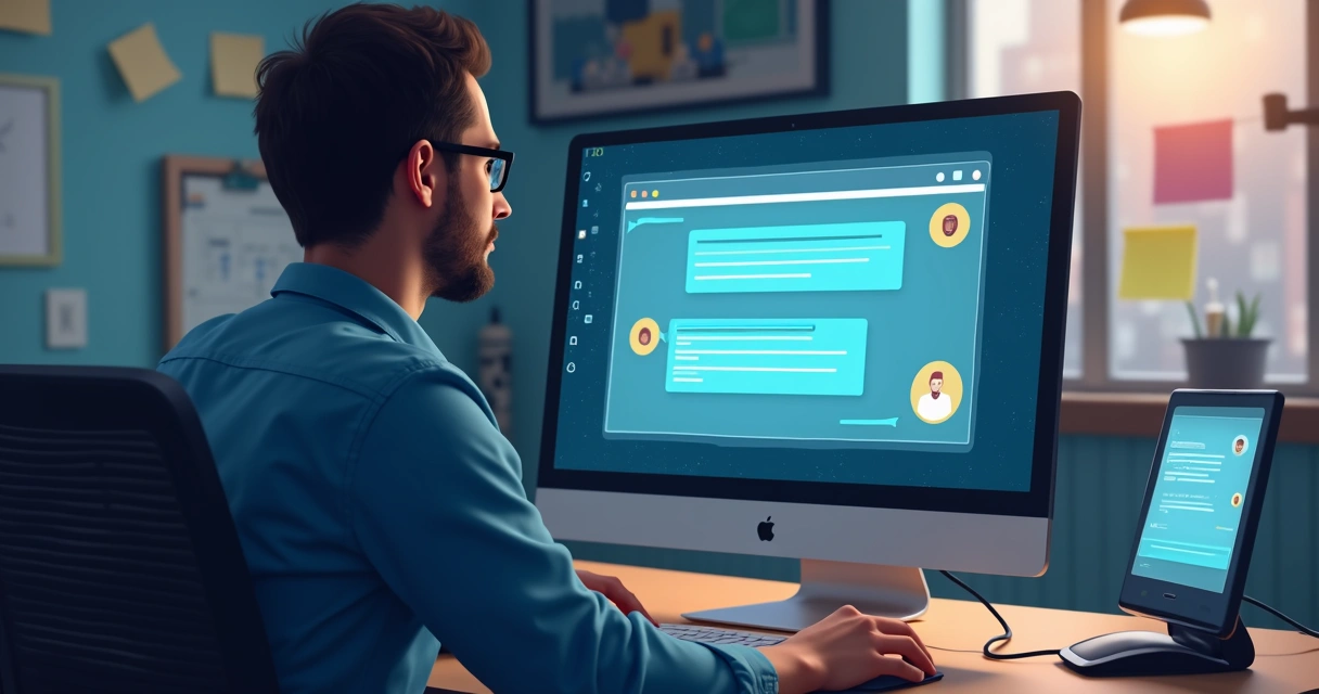 Chatbot interagindo com profissional de TI em tela de computador 