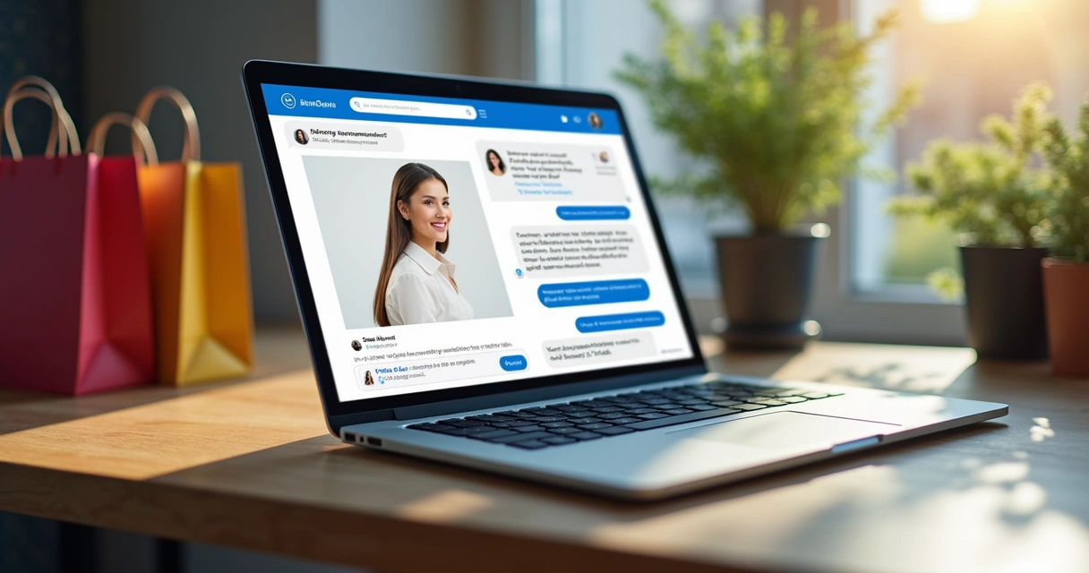 Chatbot virtual interagindo com cliente na tela de notebook do varejo 