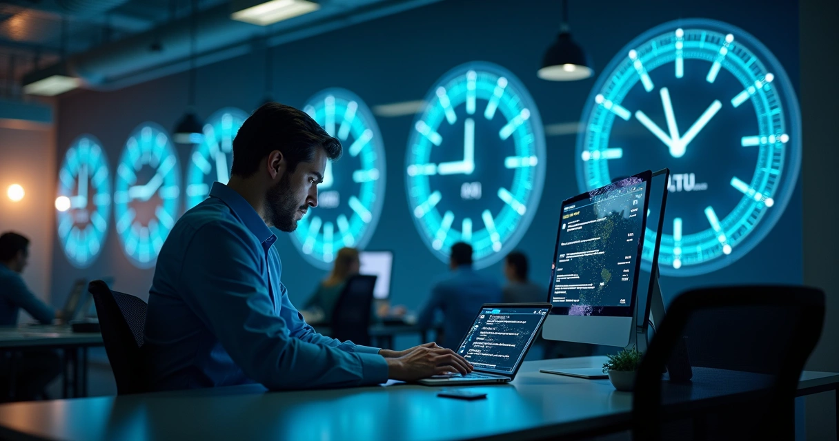 Chatbot digital atendendo clientes empresariais em telas de computador 