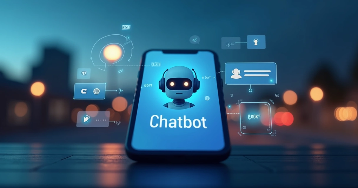 Ícone de chatbot em tela de smartphone, mostrando chat ativo com notificações de mensagens