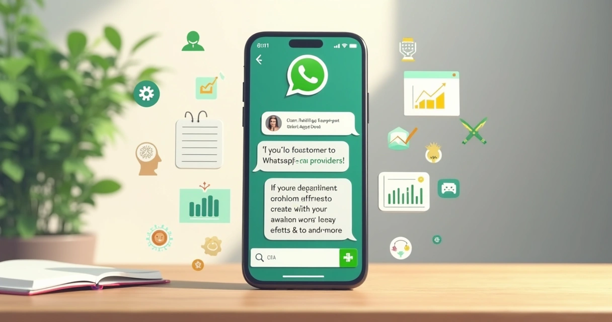 Ilustração de um chatbot de atendimento no WhatsApp em uma tela de smartphone, com mensagens automáticas e ícones de inteligência artificial 