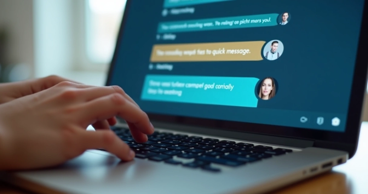 Janela de chatbot aberta em tela de computador com mensagens rápidas visíveis 