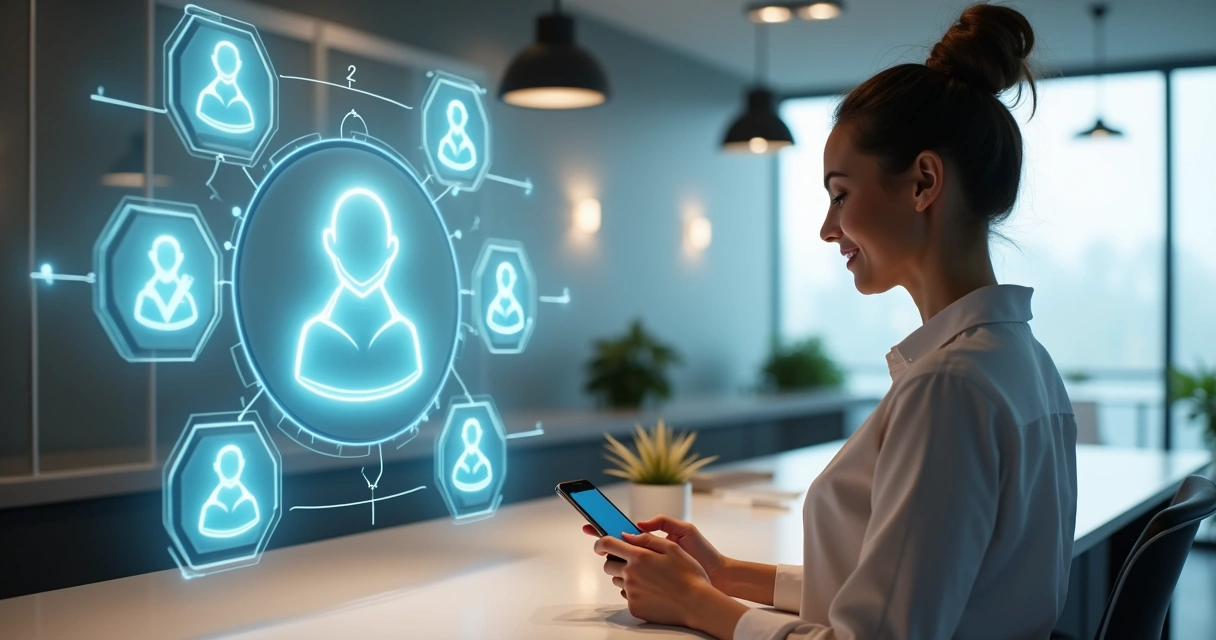 Balcão de atendimento com chatbot virtual e cliente interagindo por tela 