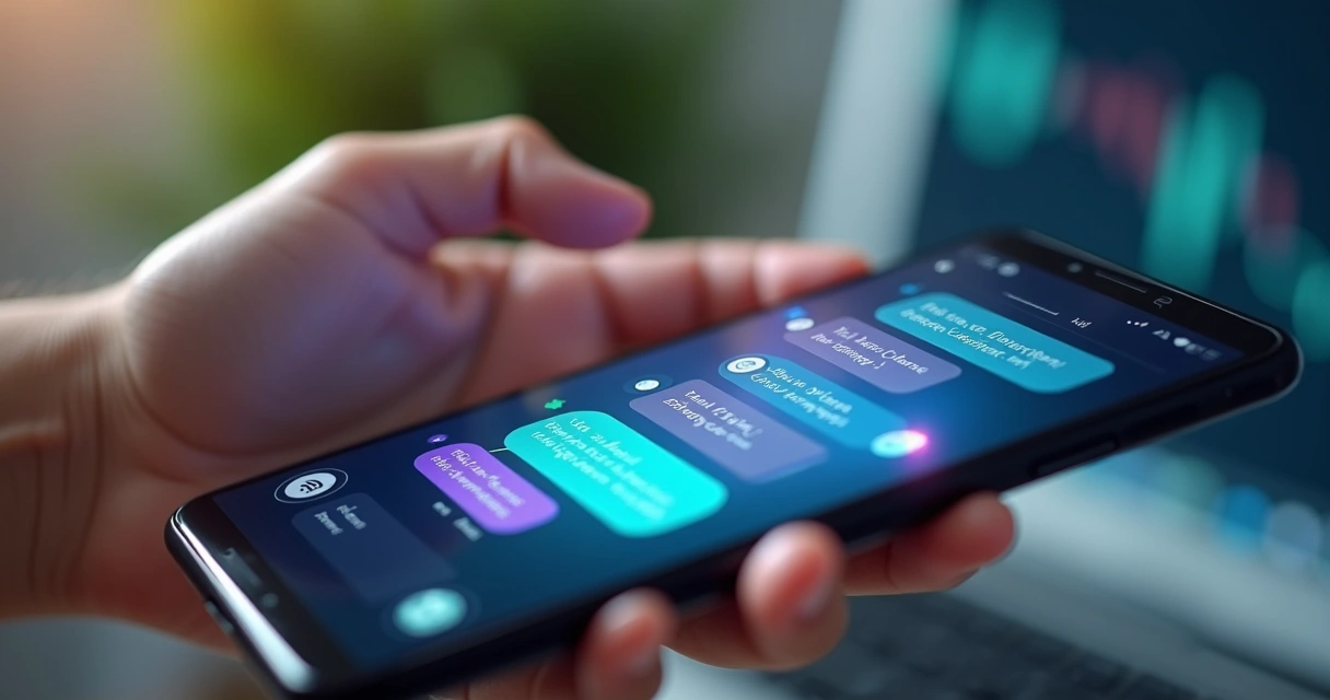 Chatbot com interface de conversa digital em tela de smartphone 