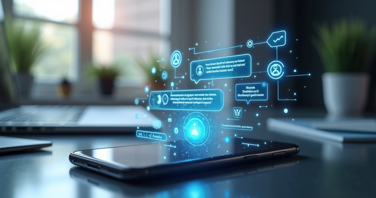 Chatbot digital interage com cliente em tela de smartphone. 
