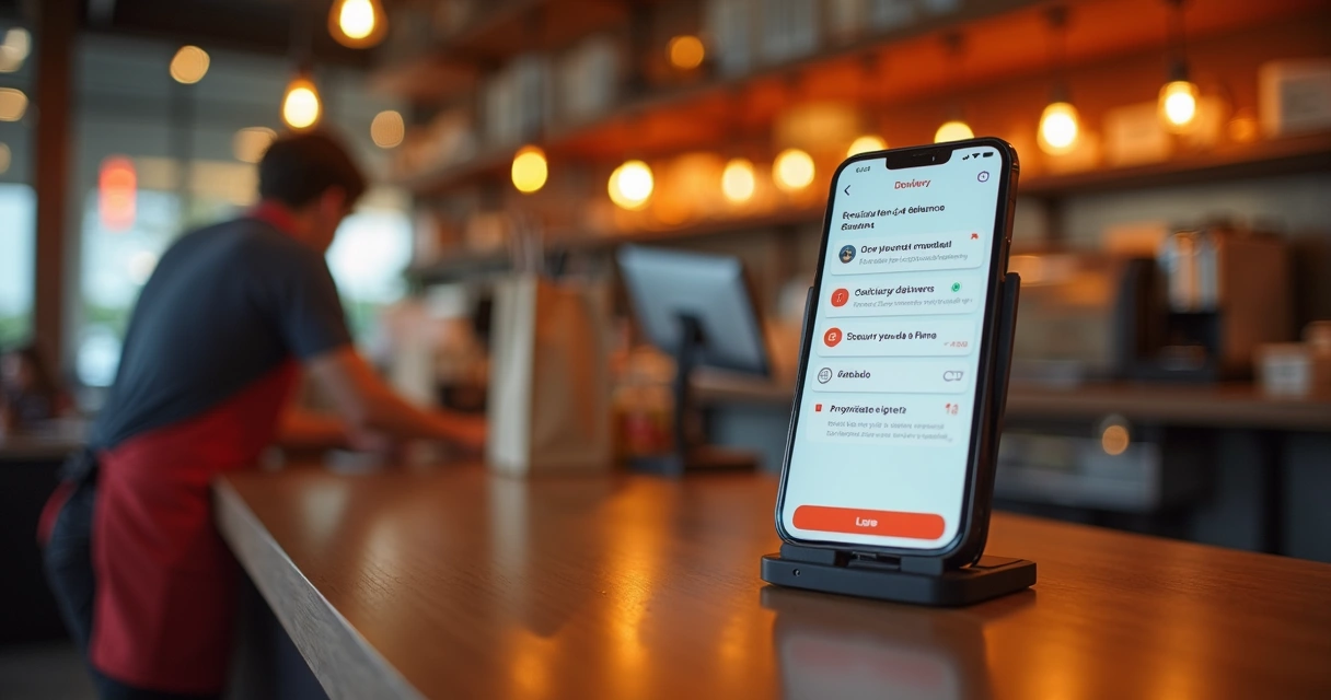 Tela de chatbot em atendimento de delivery no celular e atendente ao fundo