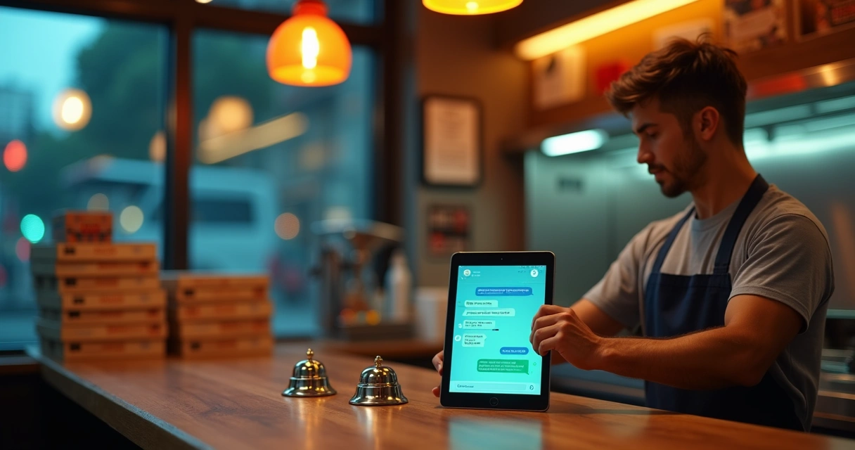 Atendente de delivery em balcão interagindo com tablet que mostra chatbot ao lado de campainhas de pedido 