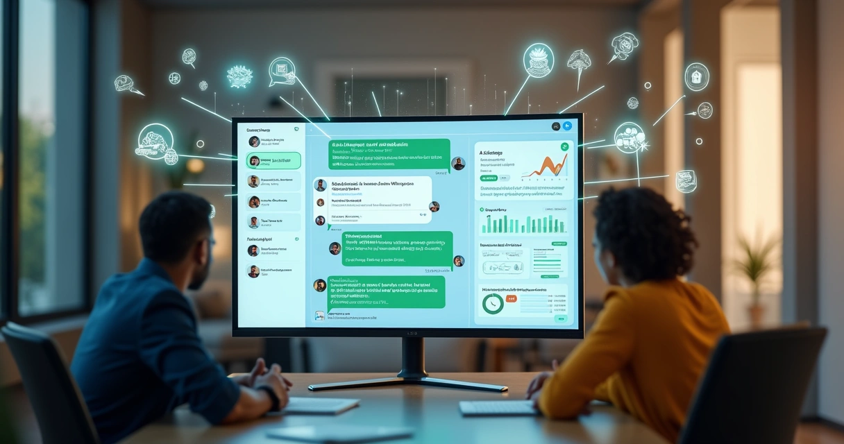 Equipe empresarial analisando painel com chatbot de atendimento digital 