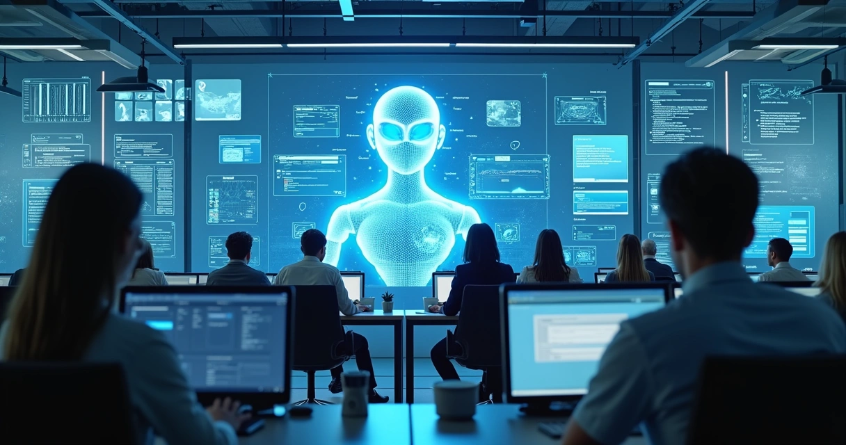 Chatbot interagindo com pessoas em ambiente de escritório