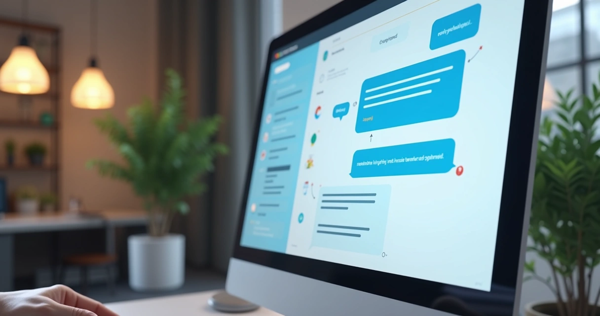 Chatbot digital em tela de computador, cliente interage em ambiente moderno 