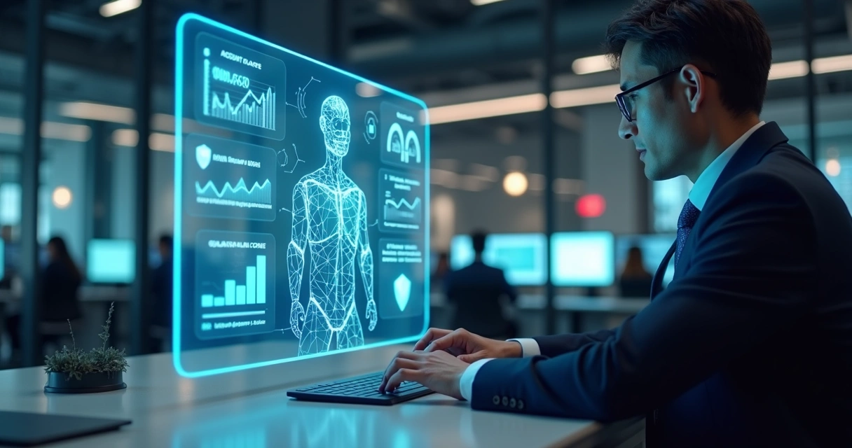 Executivo de banco usando chatbot em interface financeira holográfica 