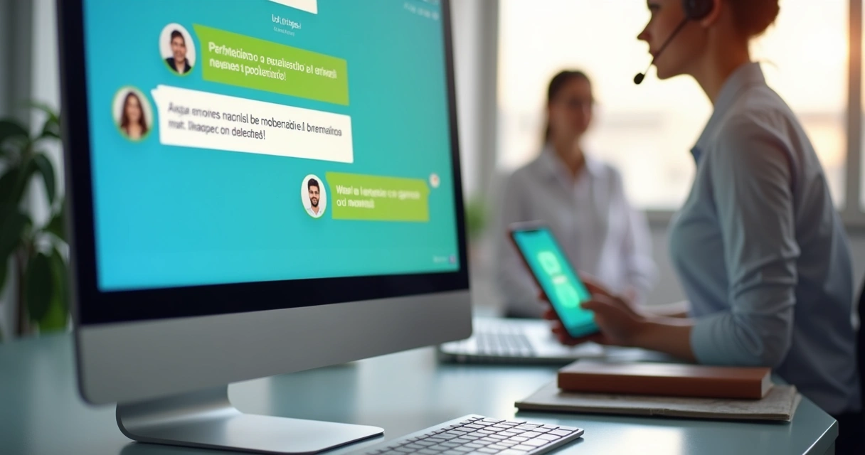 Tela de chatbot com atendimento humanizado e atendente ao fundo 