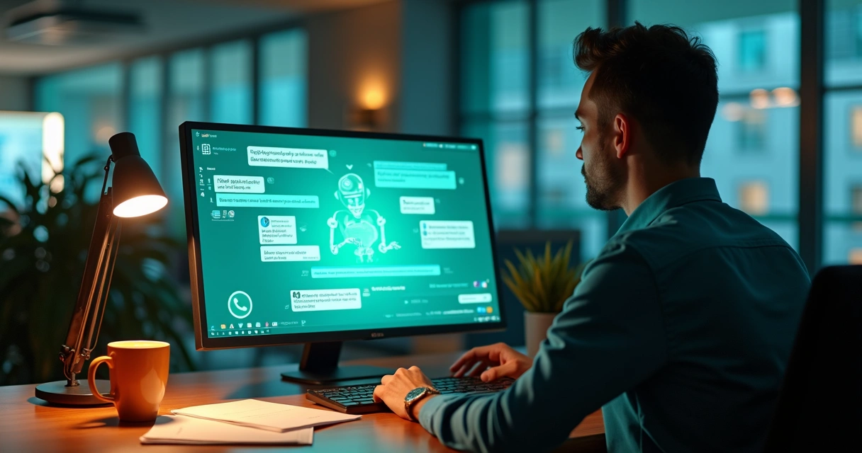 Síndico olhando para tela do computador com chatbot e mensagens de WhatsApp ao lado