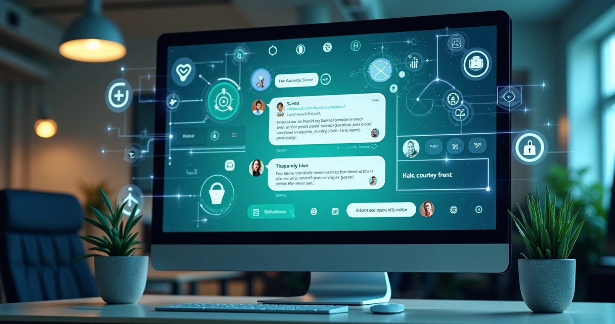 Computador com interface de chatbot de atendimento com inteligência artificial em WhatsApp, mostrando respostas automáticas e dashboard de agendamentos