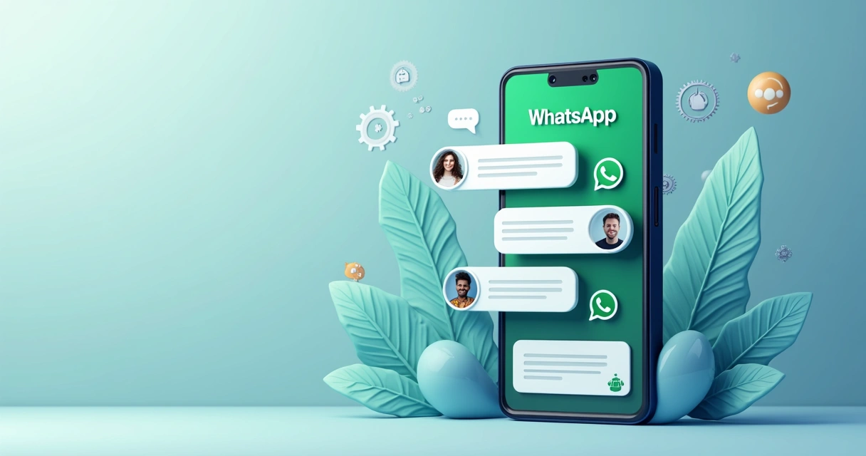 Ilustração de chatbot e smartphone com mensagens no WhatsApp 