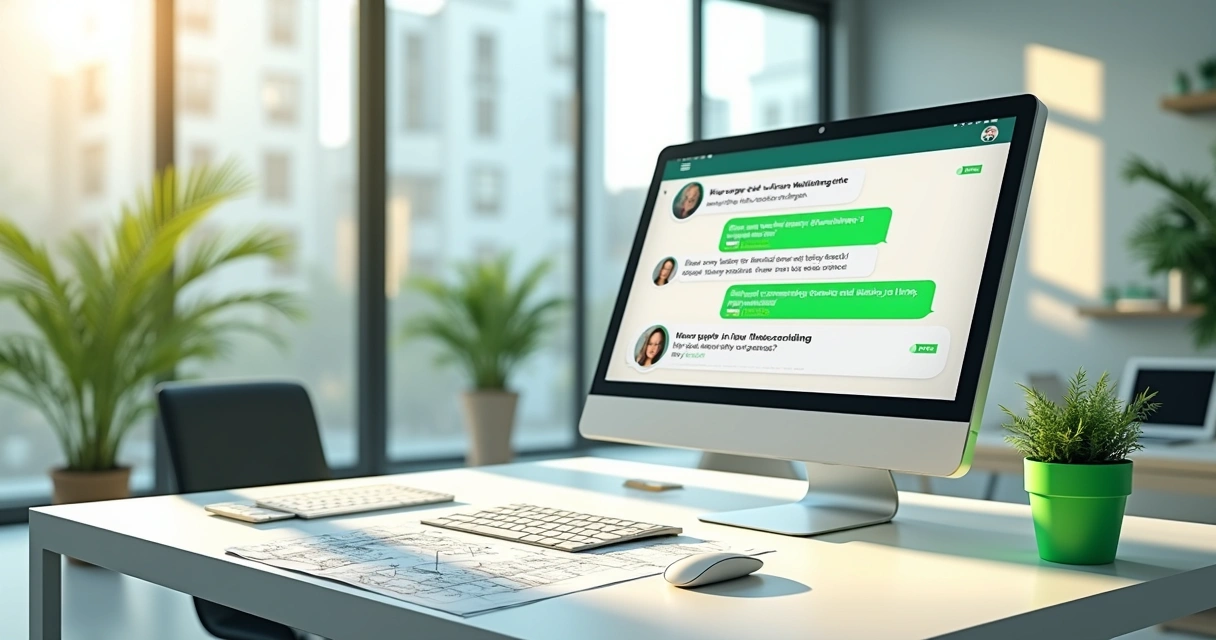 Chatbot interagindo com cliente em imobiliária, tela de conversa no WhatsApp exibida em notebook ao lado de plantas de imóvel 