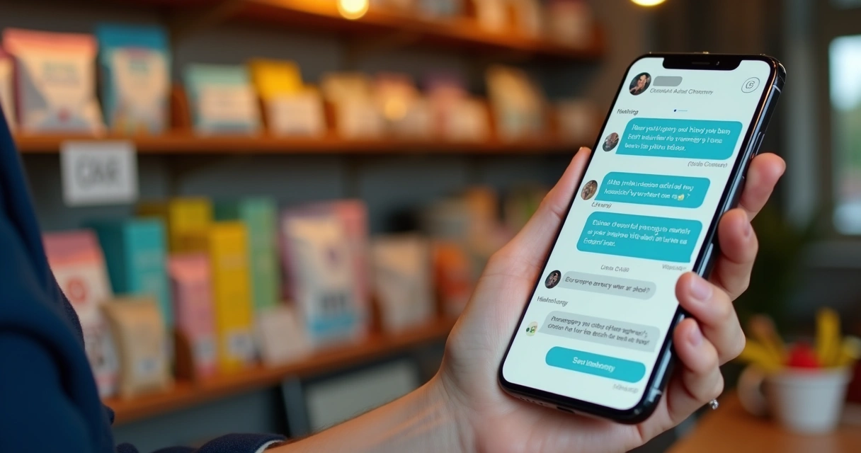 Chatbot interagindo no WhatsApp em tela de smartphone em ambiente de loja pequena 