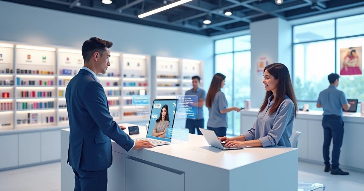 Chatbot atendendo cliente em loja de celular moderna 