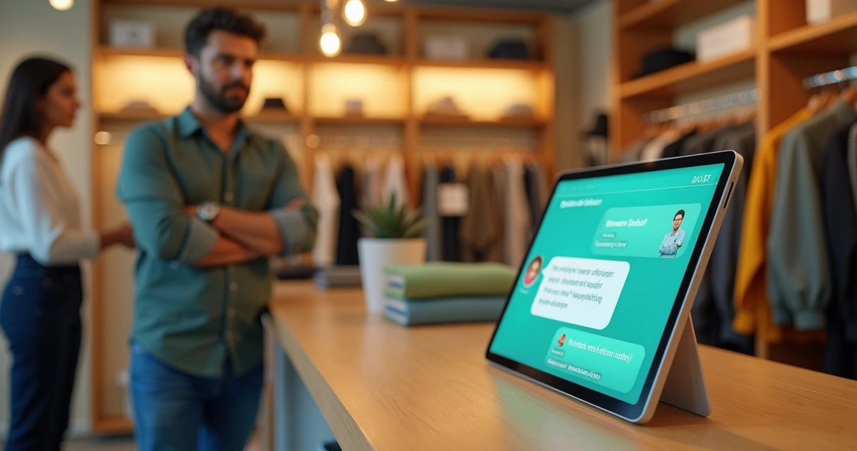 Gestor de PME observa tela com chatbot atendendo cliente em loja pequena 