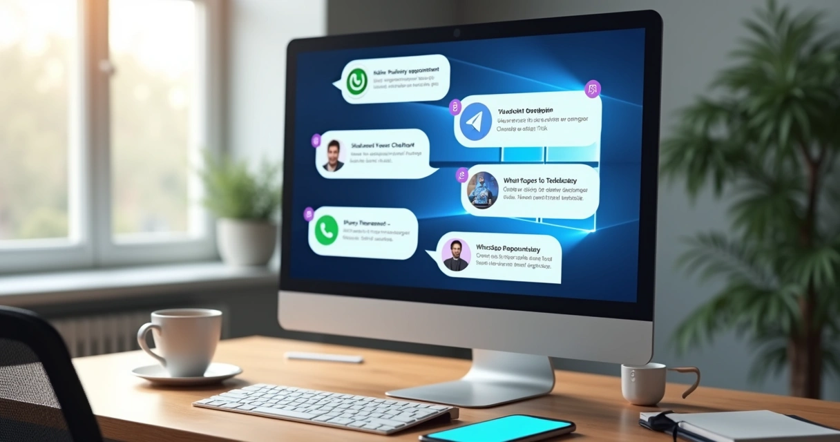 Tela de computador exibindo diferentes conversas de chatbot em vários aplicativos de mensagens 