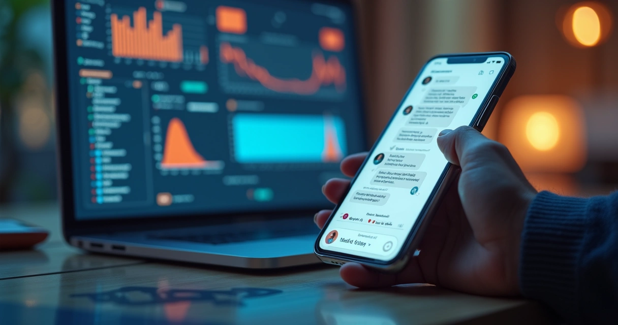 Chatbot virtual interagindo em tela de smartphone junto com análise gráfica 