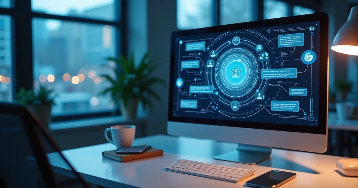 Computador com tela mostrando interface de chatbot integrada a redes sociais em ambiente de trabalho moderno com detalhes tecnológicos 