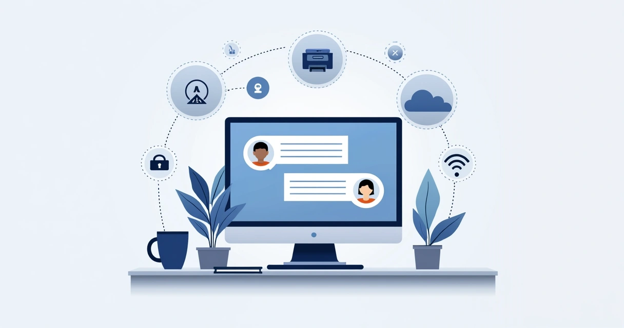 Chatbot conversando em tela de computador com símbolos de TI ao redor 