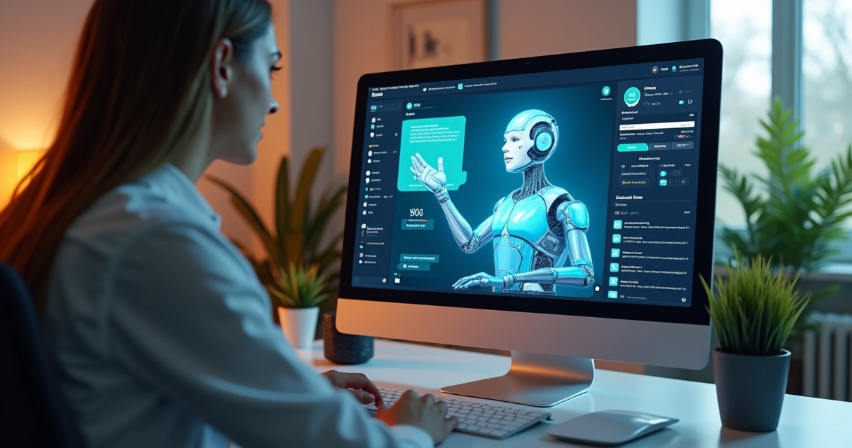Chatbot virtual atendendo cliente em tela de computador moderno 