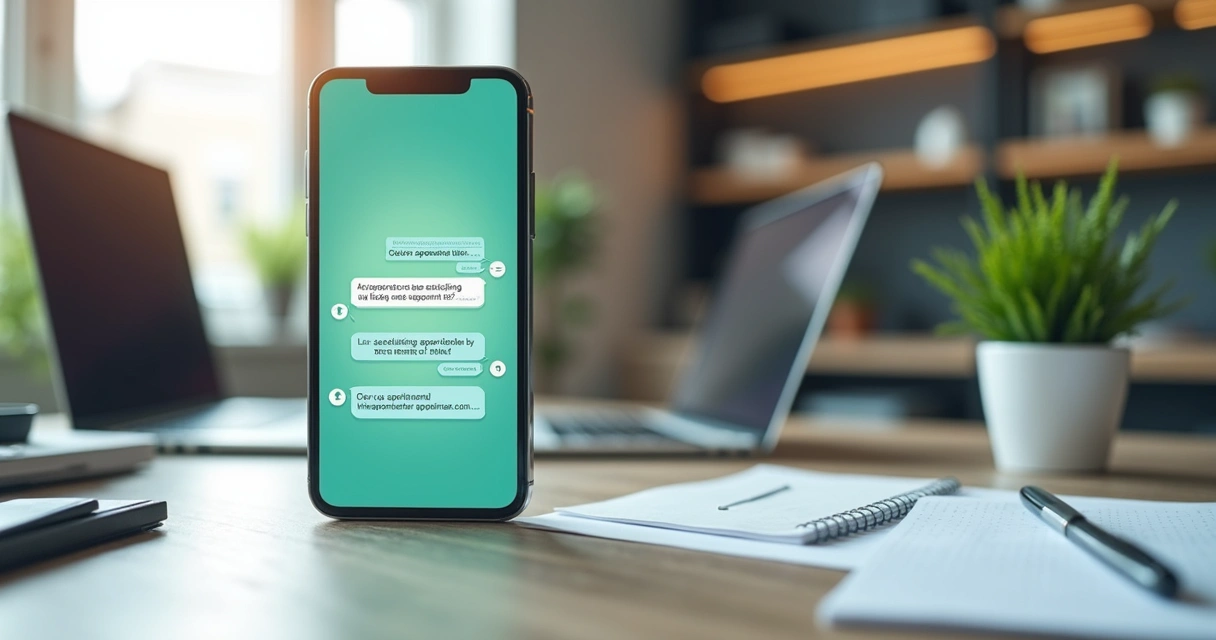 Interface de chatbot automatizado no WhatsApp mostrando agendamento de cliente em smartphone com fundo de escritório moderno