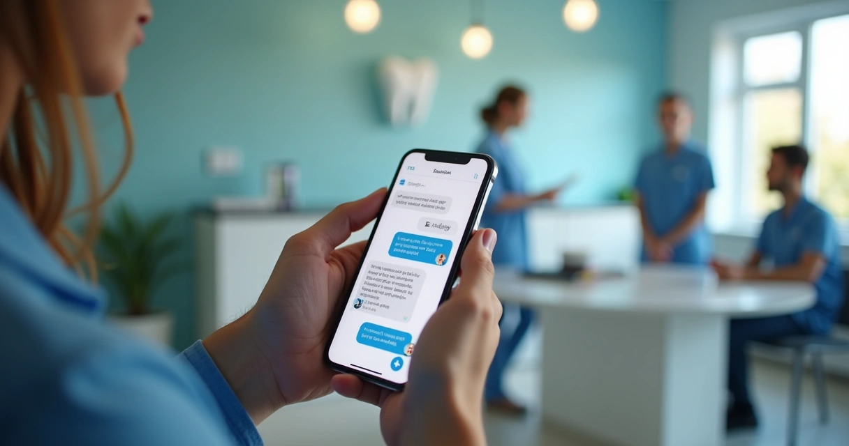 Chatbot odontológico interagindo com paciente pelo celular em ambiente clínico 