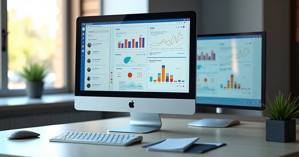 Computer screen showing chatbot interface and customer service dashboard with data charts 