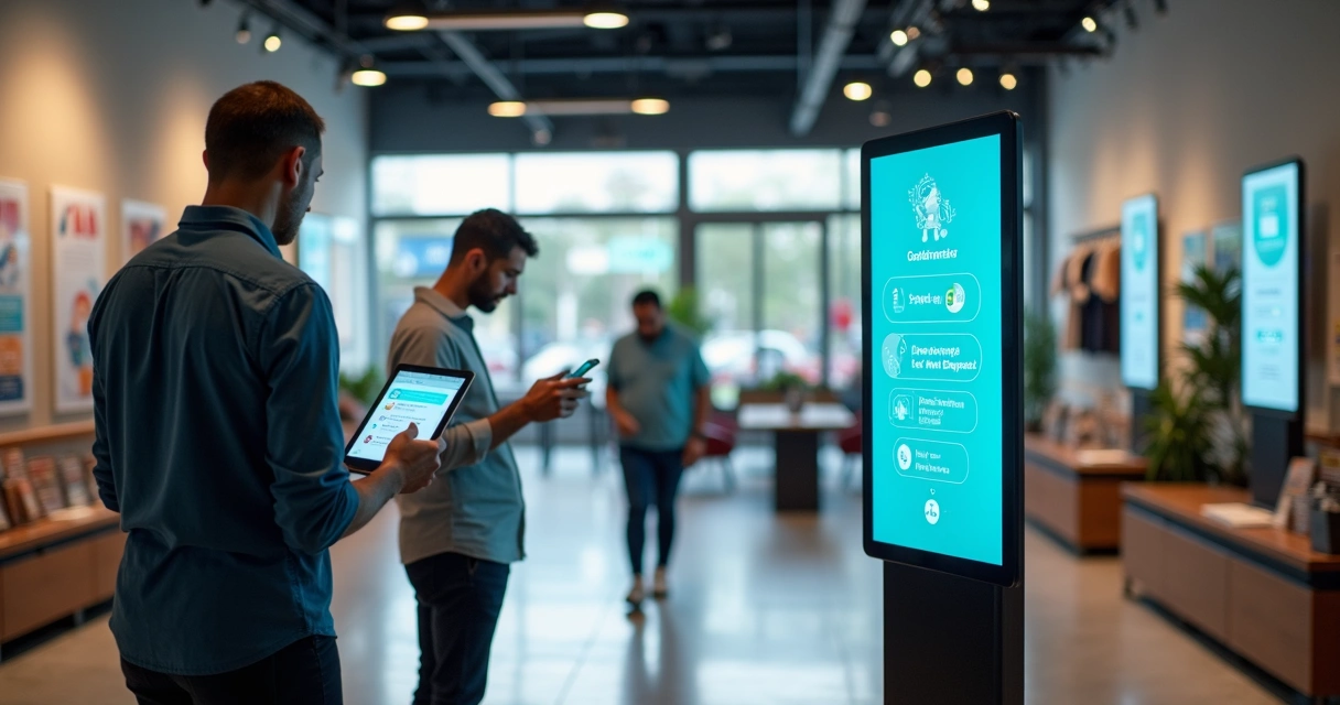 Atendente observando chatbot em totem ajudando clientes em loja moderna 
