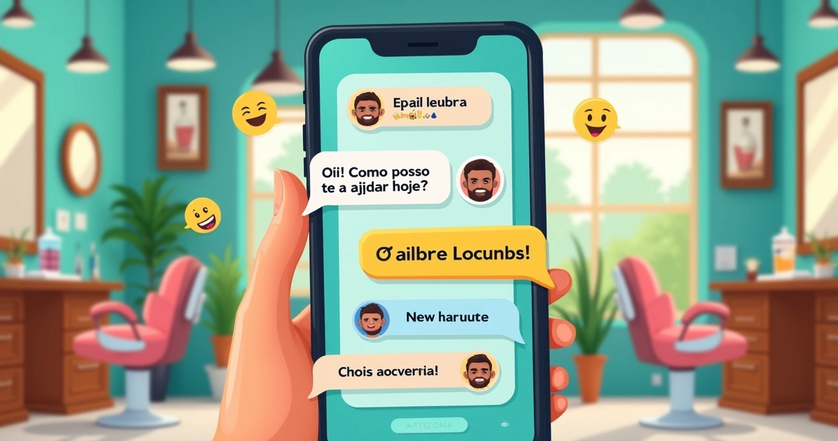 Chatbot da barbearia em um smartphone, interagindo amigavelmente com um cliente em ambiente acolhedor. 