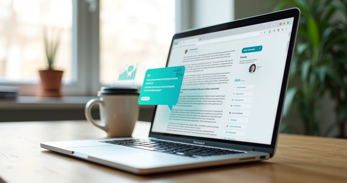 Chatbot em tela de blog conversando com visitante em notebook 