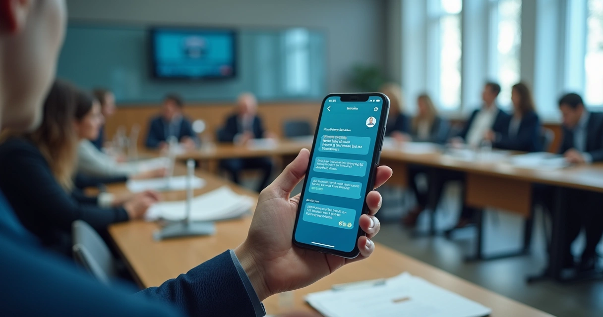 Pessoa consultando chatbot legislativo no celular em ambiente de câmara municipal