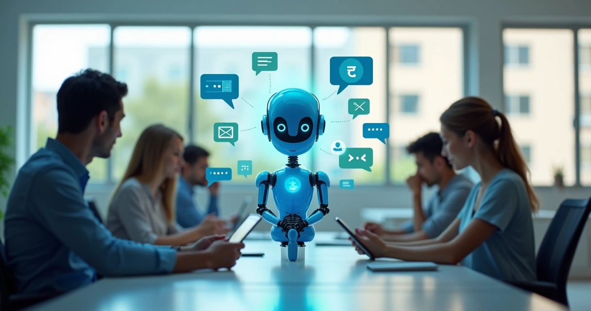 Diversos canais digitais conectados e um chatbot ao centro, ilustrando integração omnichannel. 