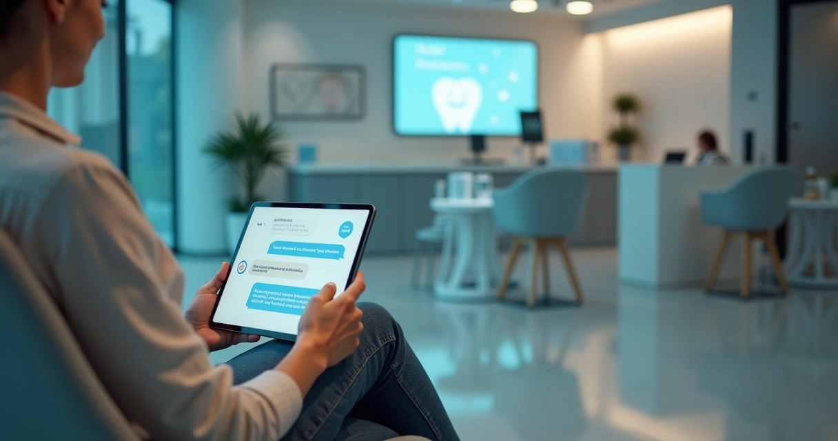 Paciente usando tablet para conversar com chatbot de clínica em sala de espera moderna 