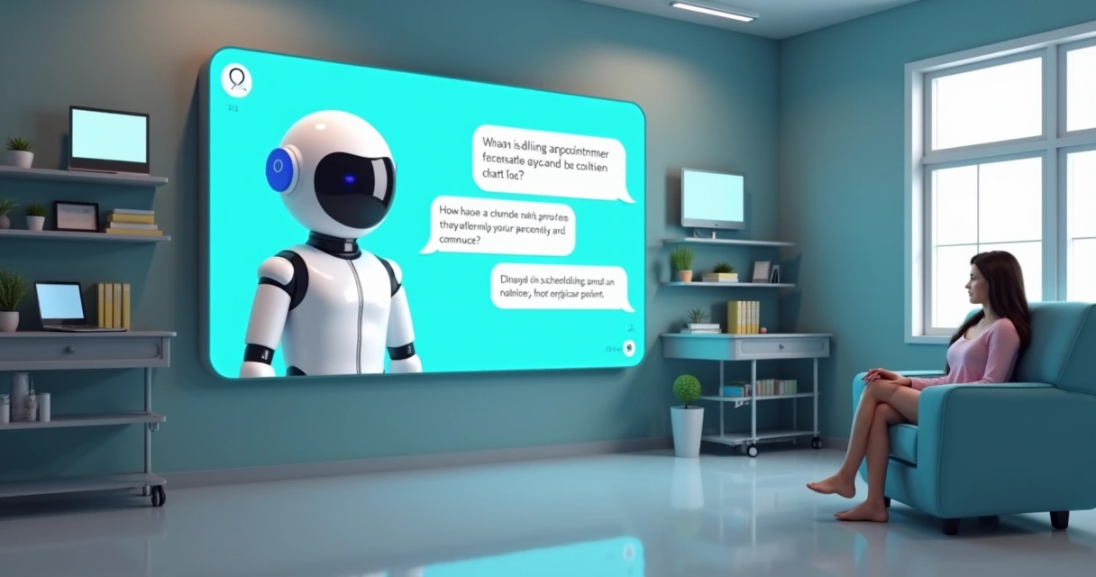 Atendente chatbot digital falando com paciente em clínica 