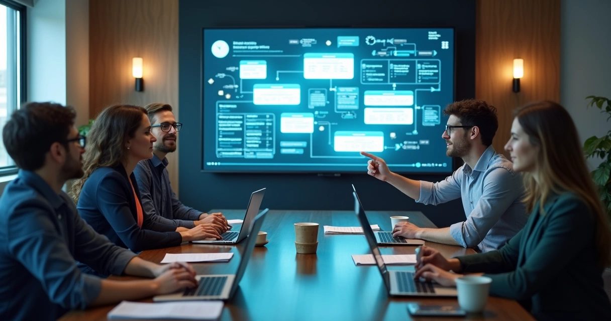 Chatbot colaborativo com equipe em sala de reunião 