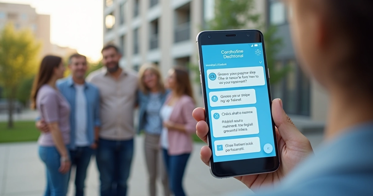 Ilustração de chatbot em tela de celular ajudando moradores de condomínio 