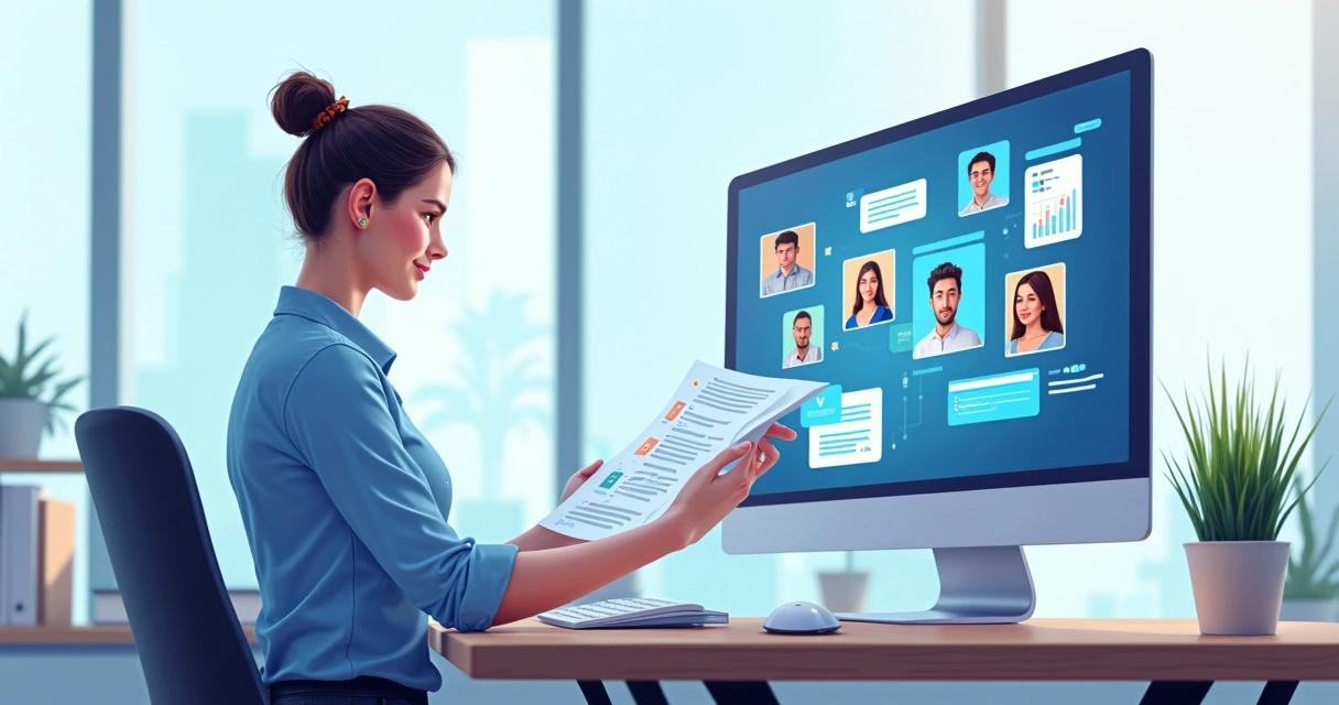 Contador interagindo com assistente de chatbot digital em ambiente de escritório moderno 