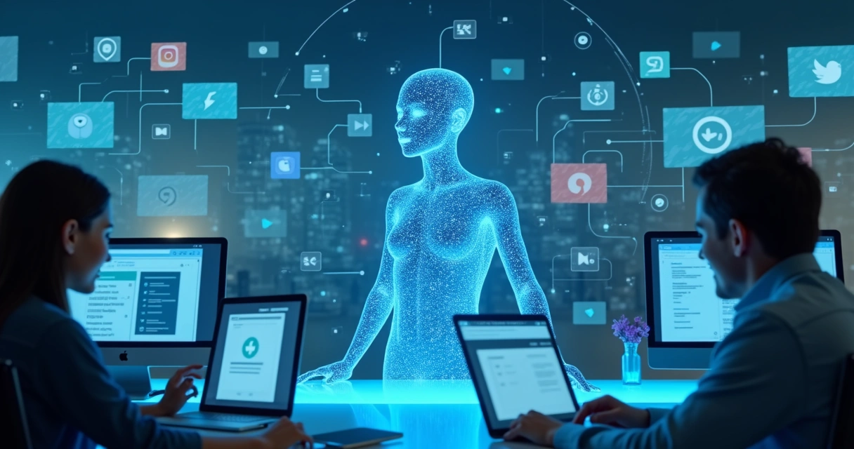 Assistente virtual colorido interagindo com clientes em diferentes canais digitais 