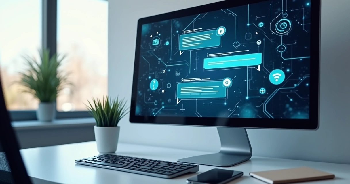 Interface de chatbot inteligente exibida em tela de computador moderno com gráficos e ícones de mensagens 