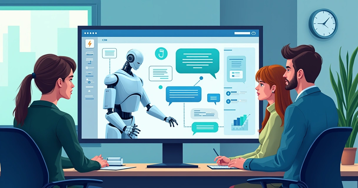 Chatbot virtual ajudando equipe de vendas em tela de computador 