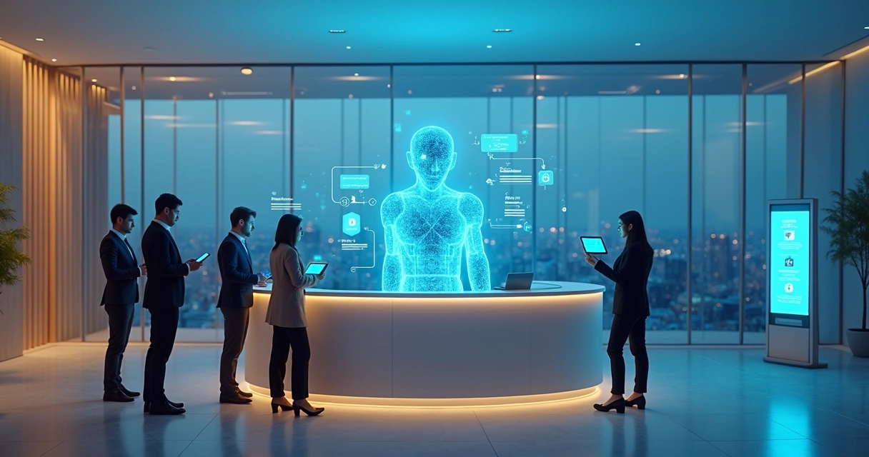 Balcão de recepção moderno com holograma de chatbot ajudando clientes empresariais 