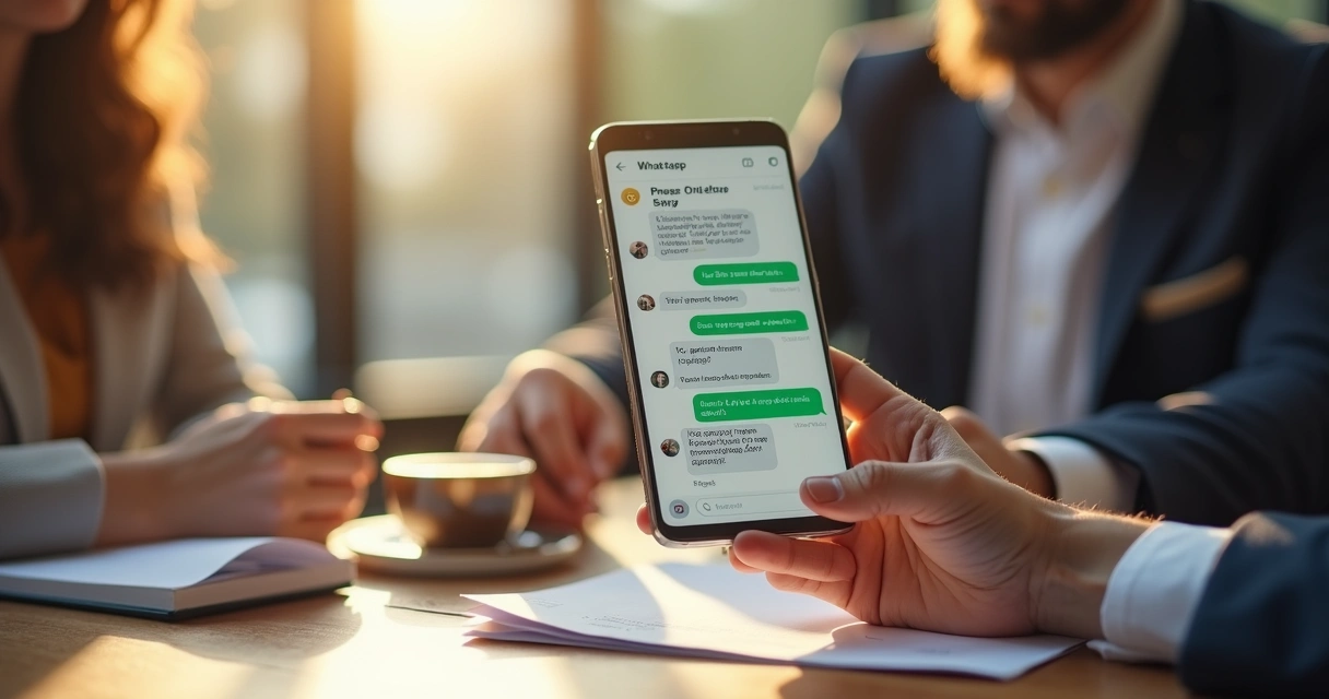 Chatbot imobiliário em tela de WhatsApp, corretor e cliente visualizam mensagens em dispositivo móvel 